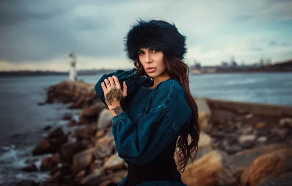 Sea, girl, landscape, stones, shore, hat, lighthouse, portrait