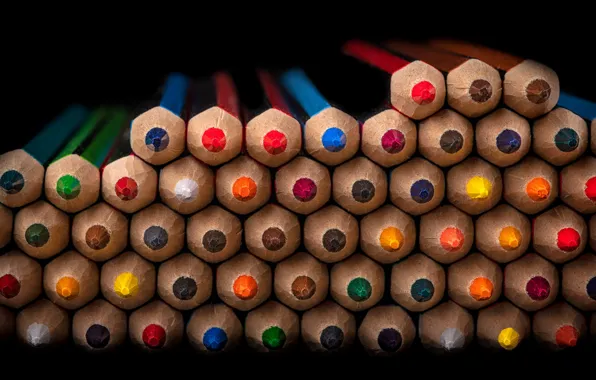 Picture macro, colored, cell, pencils, wooden, stack, black background, colorful