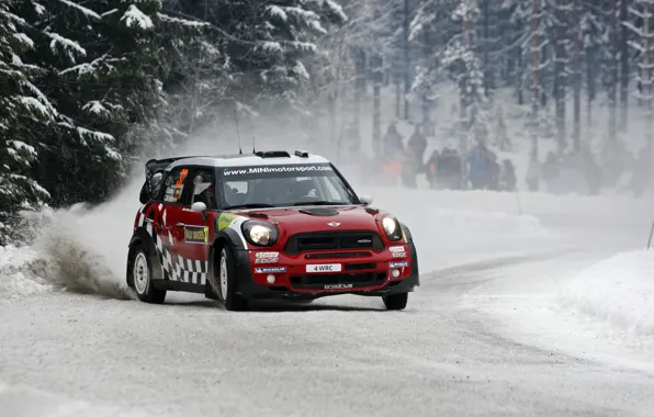 Forest, Red, Snow, People, Mini Cooper, Rally, MINI, The front