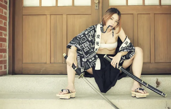 Face, pose, style, model, hair, sword, katana, kimono