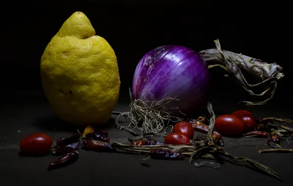 The dark background, lemon, bow, pepper, still life, sharp, vegetables, tomatoes