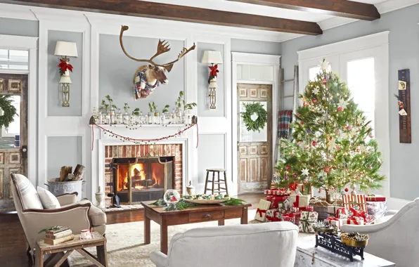 Picture decoration, gift, tree, new year, Christmas, fireplace