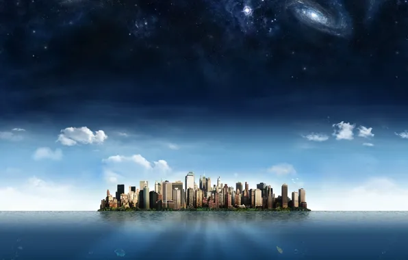 The sky, stars, clouds, the city, the ocean, island, skyscrapers, galaxy
