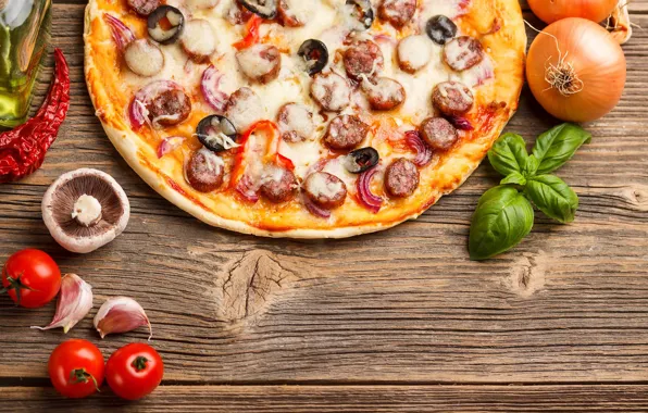 Mushrooms, pizza, tomato, Basil