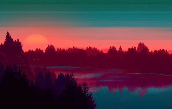 Sunset, The sun, The sky, Water, Tree, River, Forest, Sky