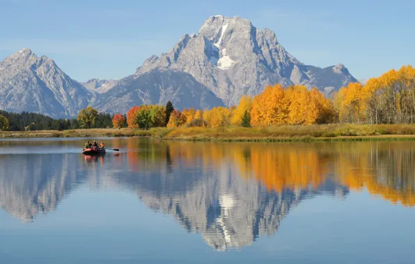 Picture autumn, trees, mountains, boat, Wyoming, USA, Grand Teton, Grand Teton National Park