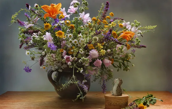 Table, chamomile, bouquet, box, vase, hedgehog, wildflowers