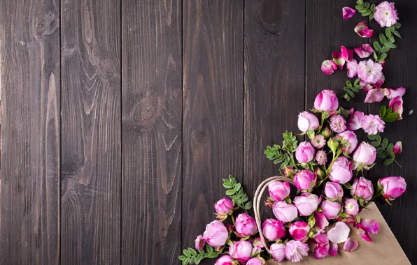 Flowers, roses, bouquet, pink, buds, wood, pink, flowers
