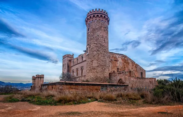 Clouds, castle, vegetation, tower, ruins, architecture, blue sky