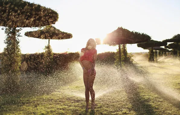 Summer, water, girl, squirt, lawn