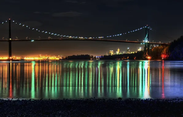 Sea, night, bridge, lights, shore, Vancouver, Vancouver