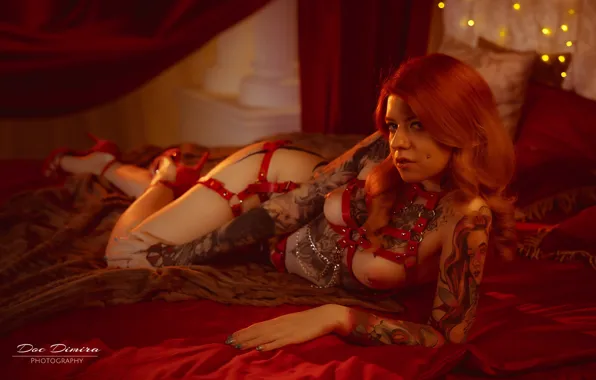 Chest, girl, pose, tattoo, bed, red, redhead, Vera Faith