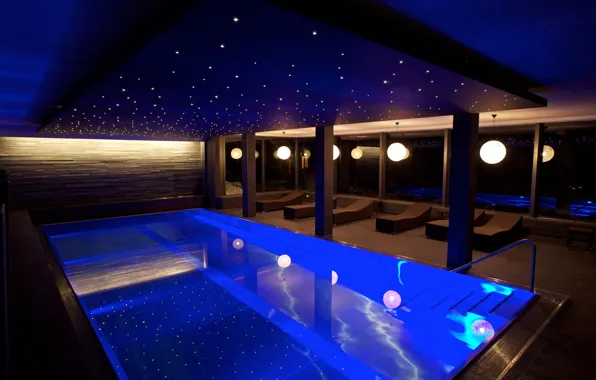 Picture pool, pool, sunbeds, interior, clarification, lamp.