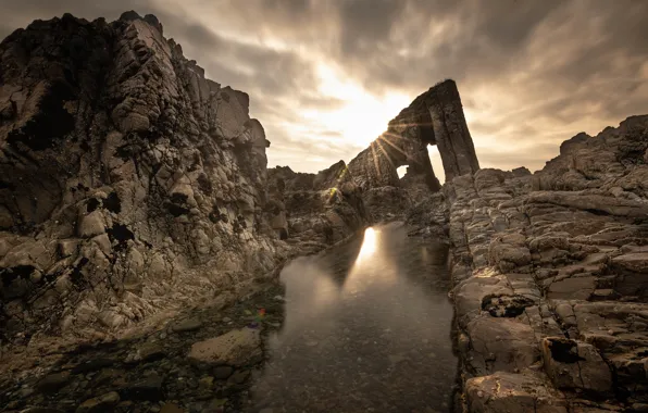 Sea, the sky, clouds, rays, light, rock, stones, rocks