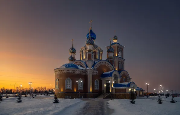 Picture winter, snow, landscape, the evening, lighting, lights, track, temple