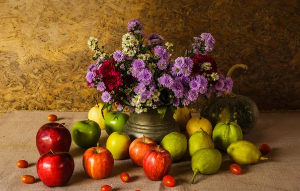 Flowers, apples, bouquet, pumpkin, fruit, still life, vegetables, pear