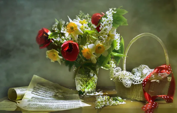 Picture flowers, notes, basket, tape, tulips, vase, still life, napkin