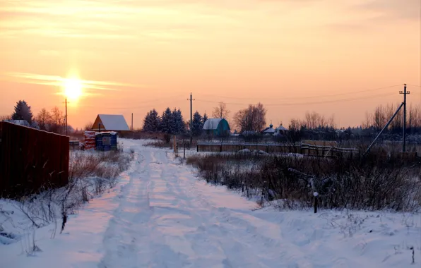 Winter, the sun, snow, traces, sunrise, holiday village