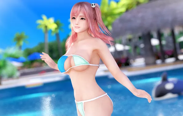 Girl, sexy, pool, cleavage, pink hair, long hair, boobs, beautiful