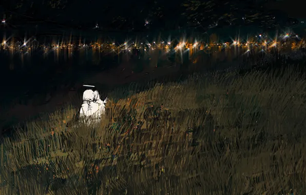 Night, angel, hill, city lights, fantasy