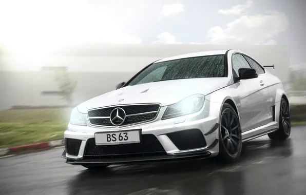 Picture Mercedes-Benz, rain, AMG, front, C63, silvery, C-Class
