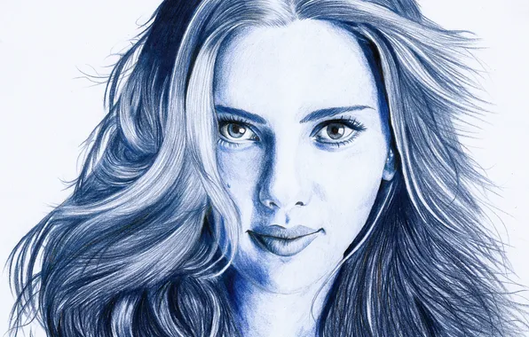 Look, face, hair, portrait, actress, Scarlett Johansson, pencil, blue