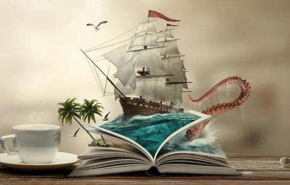 Fantasy, book, boat, sailing ship, photoshop art