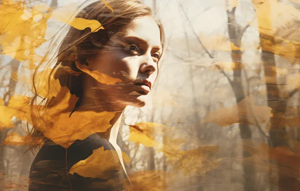 Picture Girl, Look, Autumn, Trees, Face, Digital art, AI art, The Art of Artificial Intelligence