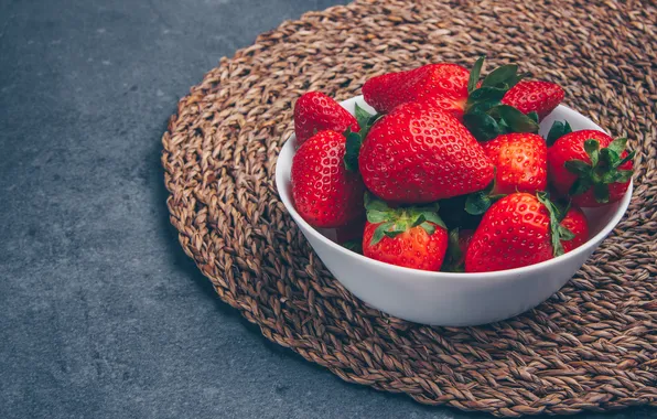 Berries, strawberry, Mat, grey background, stand, composition, bowl