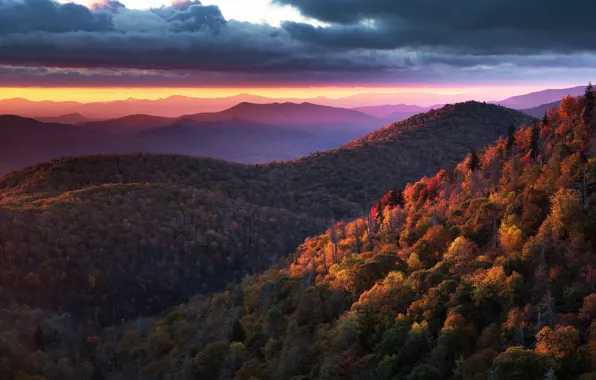 Autumn, forest, sunset, mountains, clouds, fog, hills, foliage