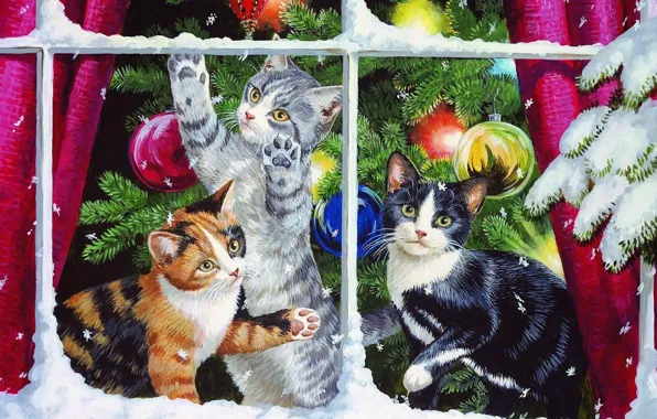 Snow, decoration, cats, holiday, toys, tree, branch, window