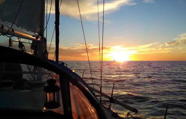 The sky, the sun, sunset, reflection, the ocean, the evening, yacht, sail