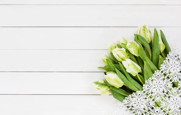 Picture flowers, bouquet, tulips, white, white, lace, wood, flowers