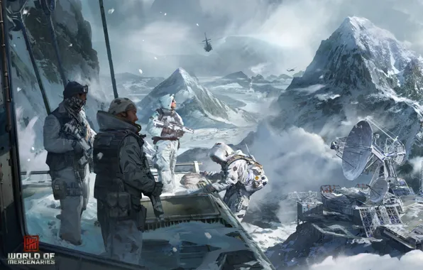 Snow, mountains, weapons, antenna, base, helicopter, soldiers, World of Mercenaries