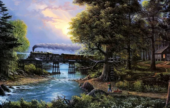 Picture forest, the sky, river, figure, the engine, painting