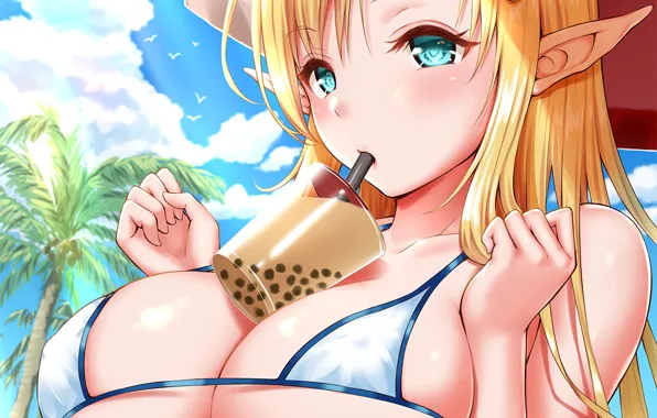 Girl, sexy, cleavage, green eyes, long hair, boobs, anime, beautiful