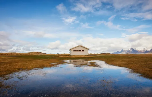 Field, the sky, clouds, mountains, lake, house, pond, reflection