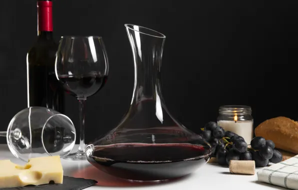 Wine, glass, bottle, grapes, decanter