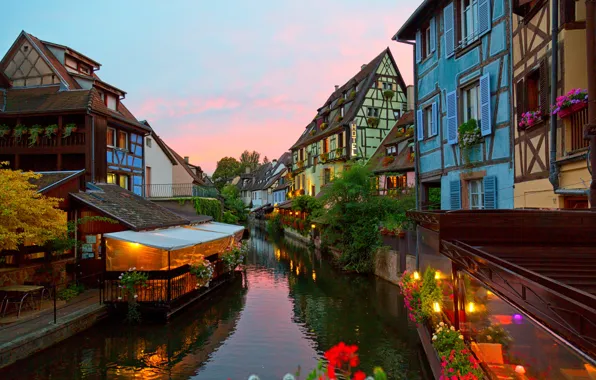 Flowers, the city, France, home, lighting, channel, twilight, Colmar
