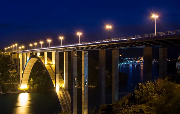 Picture night, bridge, lights, river, Croatia, The Krk Bridge Of Skradin