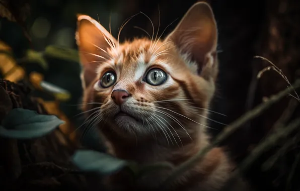 Cat, cat, mustache, look, leaves, light, branches, nature