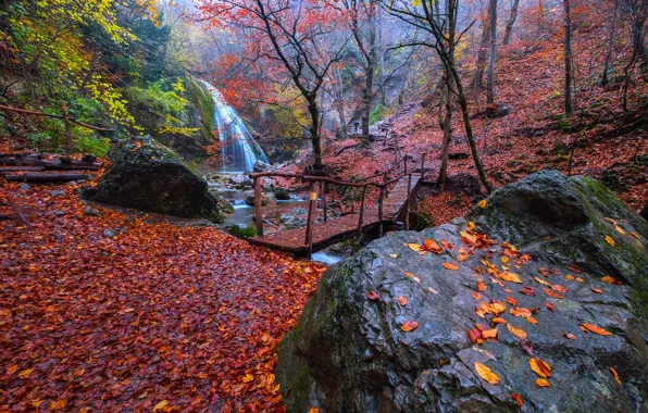 Picture autumn, bridge, stone, waterfall, Jur-Jur