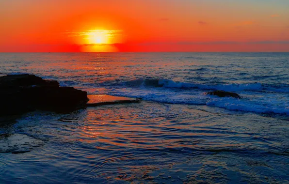 Picture sea, sunset, rocks, horizon, glow