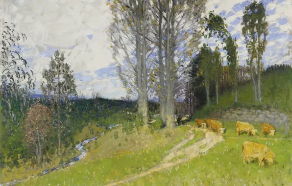 Landscape, picture, Pierre Eugène Montesin, Pierre-Eugene Montezin, Pasture`s Slop, zhivotnye