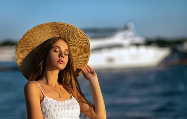 Sea, girl, face, pose, hand, hat, makeup, closed eyes