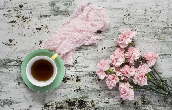 Flowers, pink, wood, pink, carnation, flowers, cup, coffee