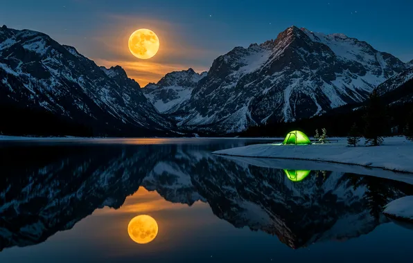 Winter, mountains, night, lake, the moon, tent