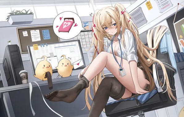 Computer, anime, office, monitor, cute blonde, anime girls, I want to sleep, at work