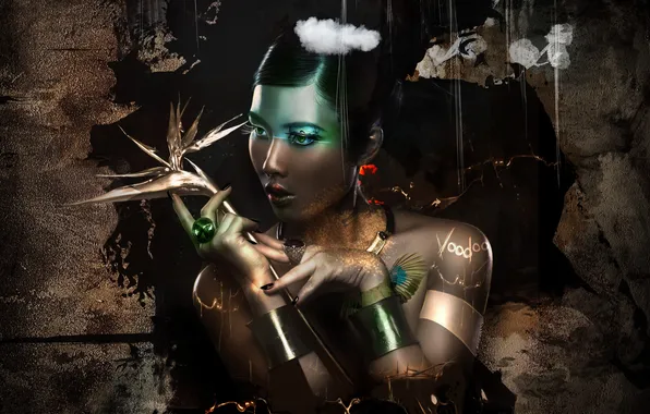 Look, girl, background, hair, hands, ring, art, Asian