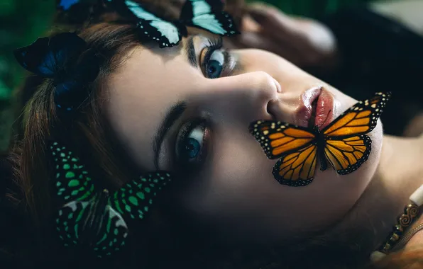 Picture girl, butterfly, makeup, sponge, Bolboreta